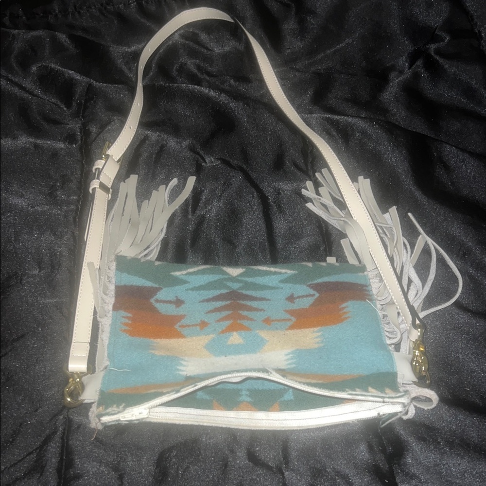 Aztec Pattern Crossbody Bag with Fringe - Blue and Brown